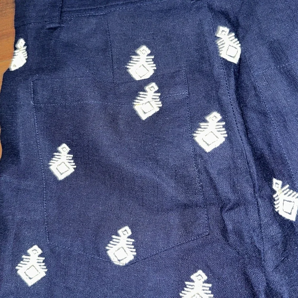 ZARA NAVY FLOWING HIGH WAIST LINEN TROUSERS WIDE LEG EMBROIDERED CULOTTES PANT S